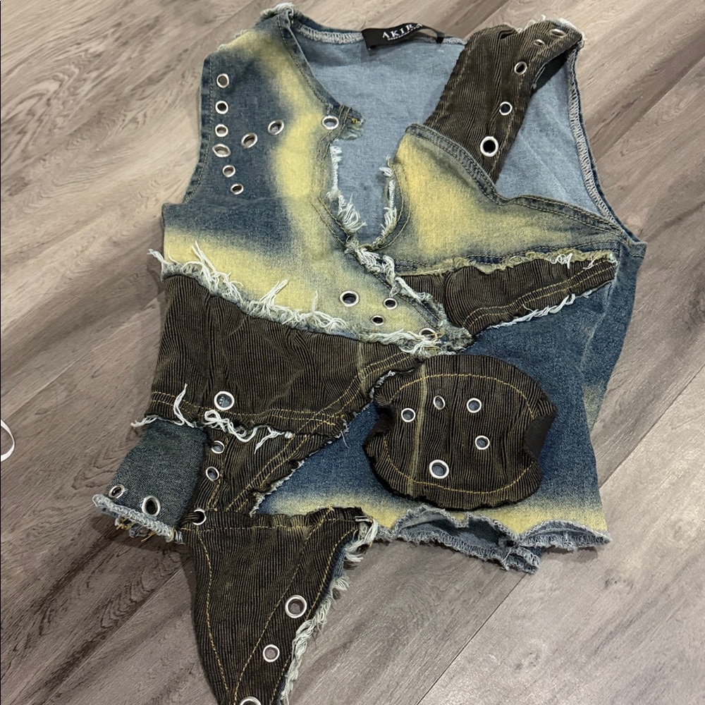 AKIRA Distressed Patchwork Denim Tank with Yellow Fade and Olive Panels